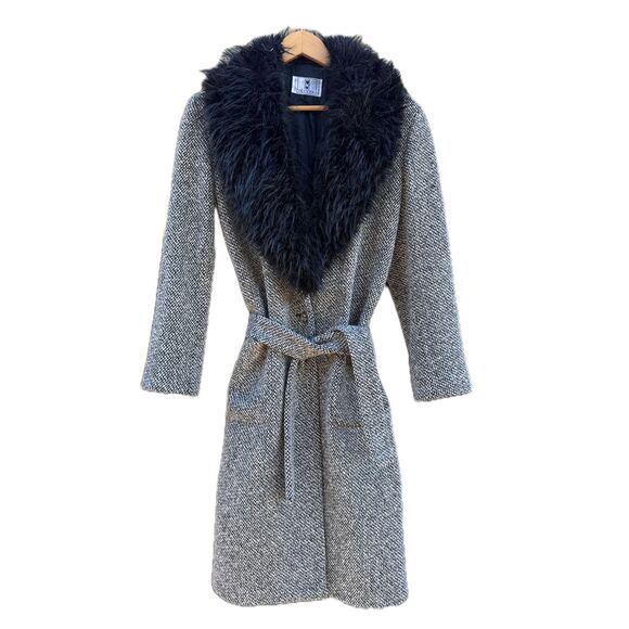 OLIVER Tweed Faux Fur Collar Belted Long Coat Women Black White Herringbone - Picture 2 of 7